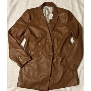 LOFT Faux Leather Blazer Womens 14 Cognac Brown Double Breasted NWT